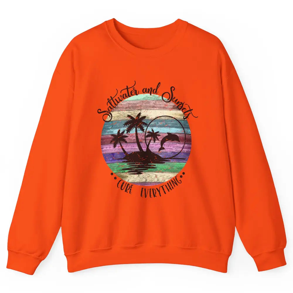 Retro Beach Sunset Saltwater and Sunsets Cure Everything Unisex Crewneck Sweatshirt
