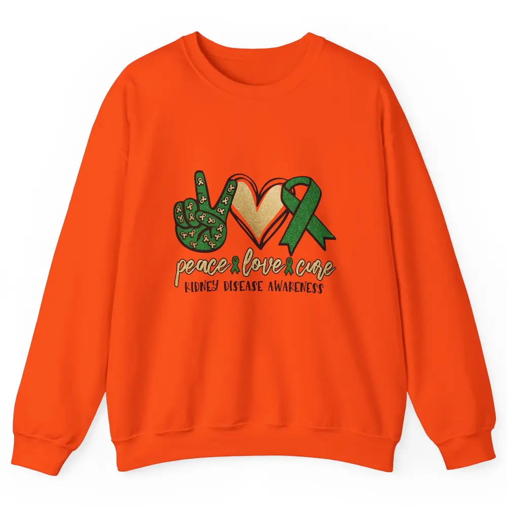 Peace Love Cure Kidney Disease Awareness Green Ribbon Heart Unisex Crewneck Sweatshirt