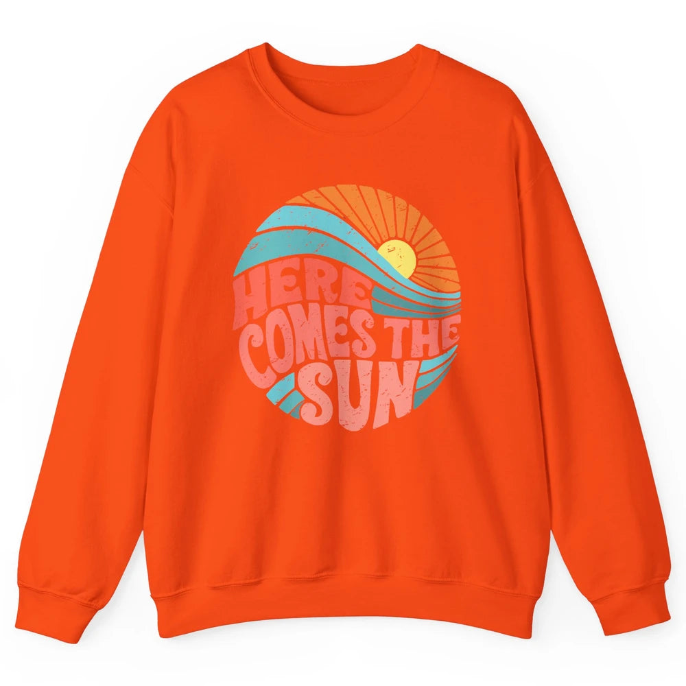 Retro Rainbow Sunrise Here Comes The Sun Hippie Girl Unisex Crewneck Sweatshirt