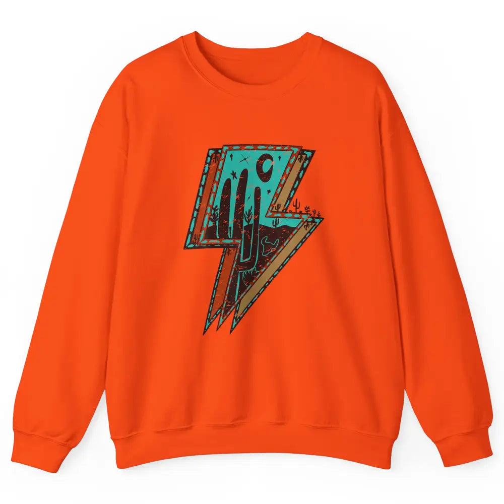 Retro Desert Cactus Night Turquoise Lightning Bolt Western Unisex Crewneck Sweatshirt