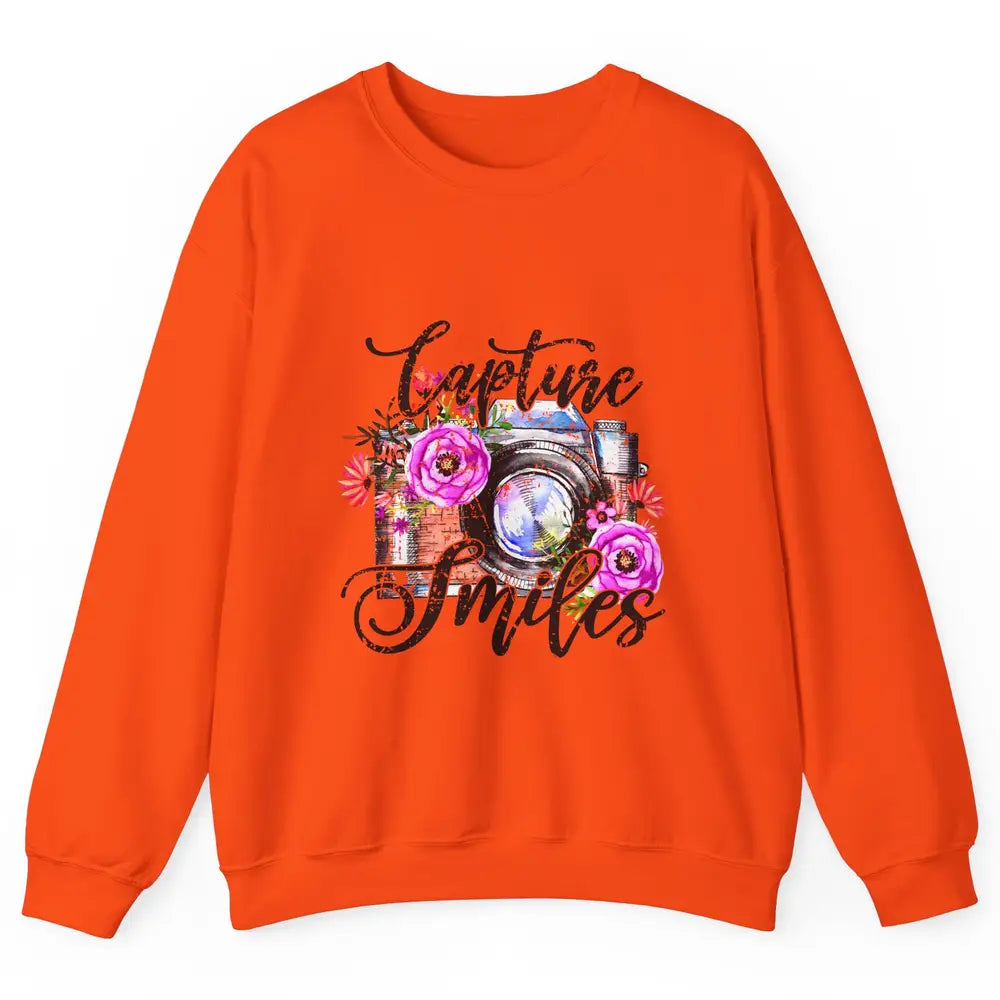 Photography Day Capture Smiles Retro Floral Camera Traveller Unisex Crewneck Sweatshirt