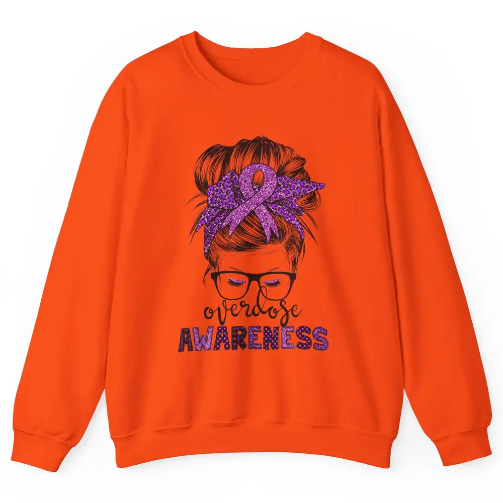 Overdose Awareness Messy Hair Bun Purple Leopard Warrior Unisex Crewneck Sweatshirt
