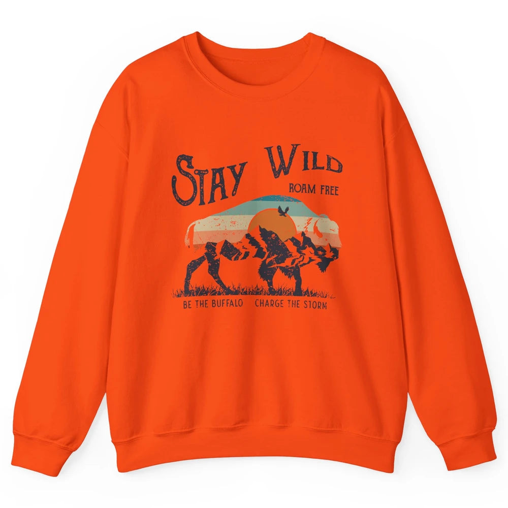 Retro Buffalo Mountain Sunset Stay Wild Roam Free Western Unisex Crewneck Sweatshirt