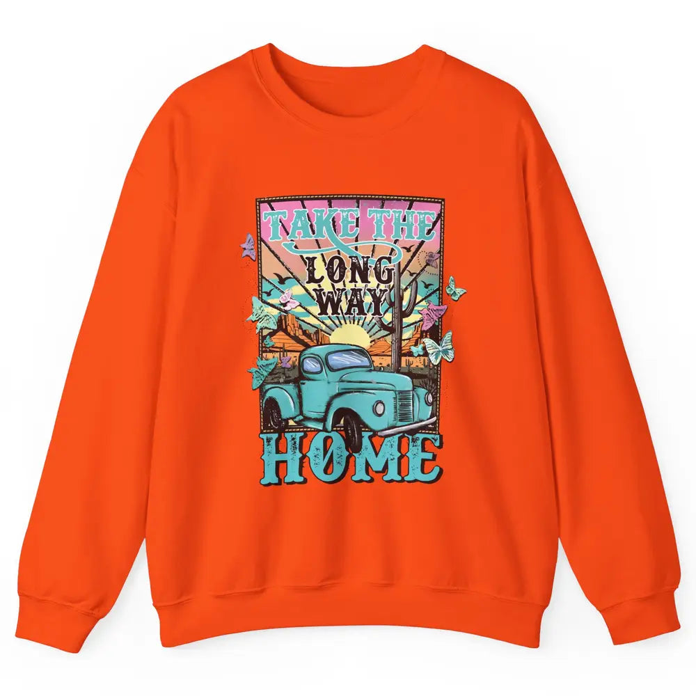 Retro Mountain Sunset Take The Long Way Home Western Country Unisex Crewneck Sweatshirt
