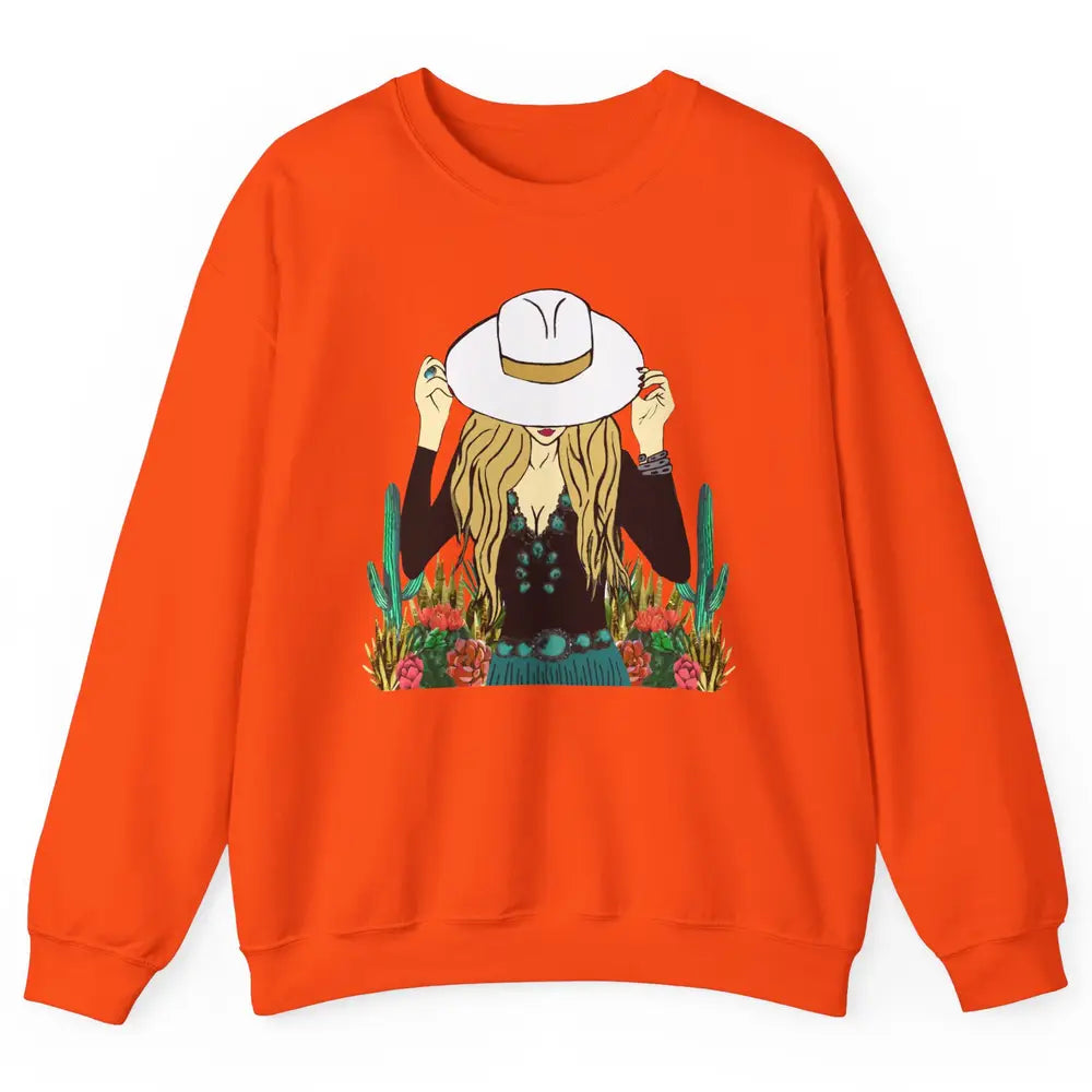 Retro Blonde Cowgirl Punchy Cowhide Turquoise Western Cowboy Unisex Crewneck Sweatshirt