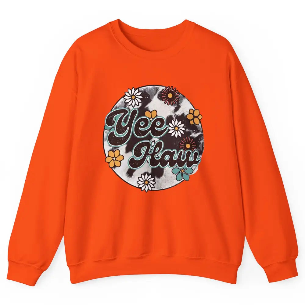Retro Groovy Daisy Yee Haw Cowhide Western Country Cowgirl Unisex Crewneck Sweatshirt