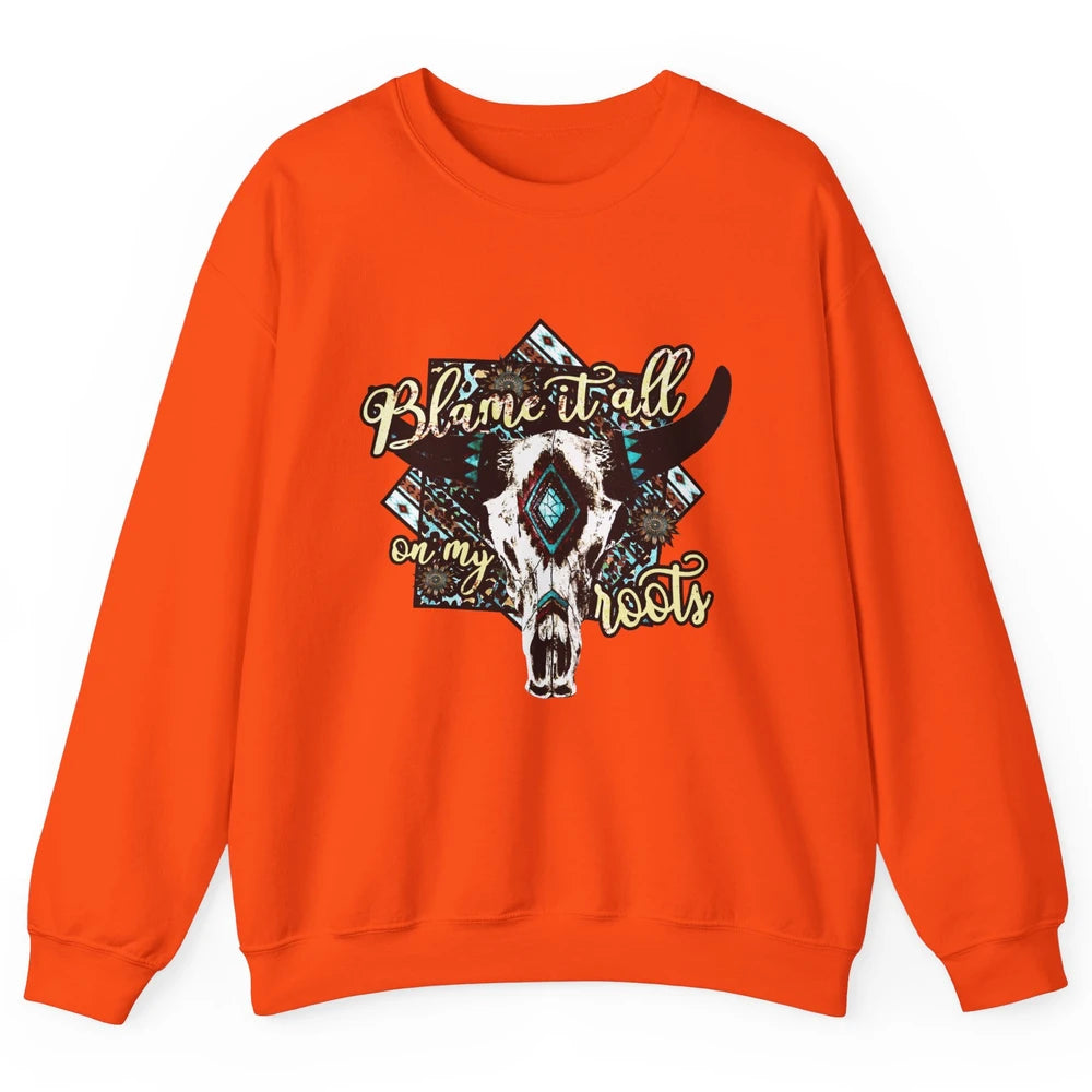 Retro Boot Blame It All On My Root Cow Skull Western Cowboy Unisex Crewneck Sweatshirt