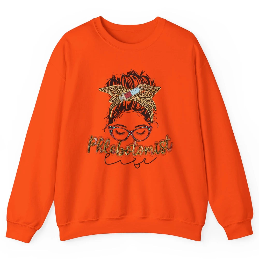 Retro Leopard Phlebotomist Life Messy Bun Mom Phlebotomy Unisex Crewneck Sweatshirt