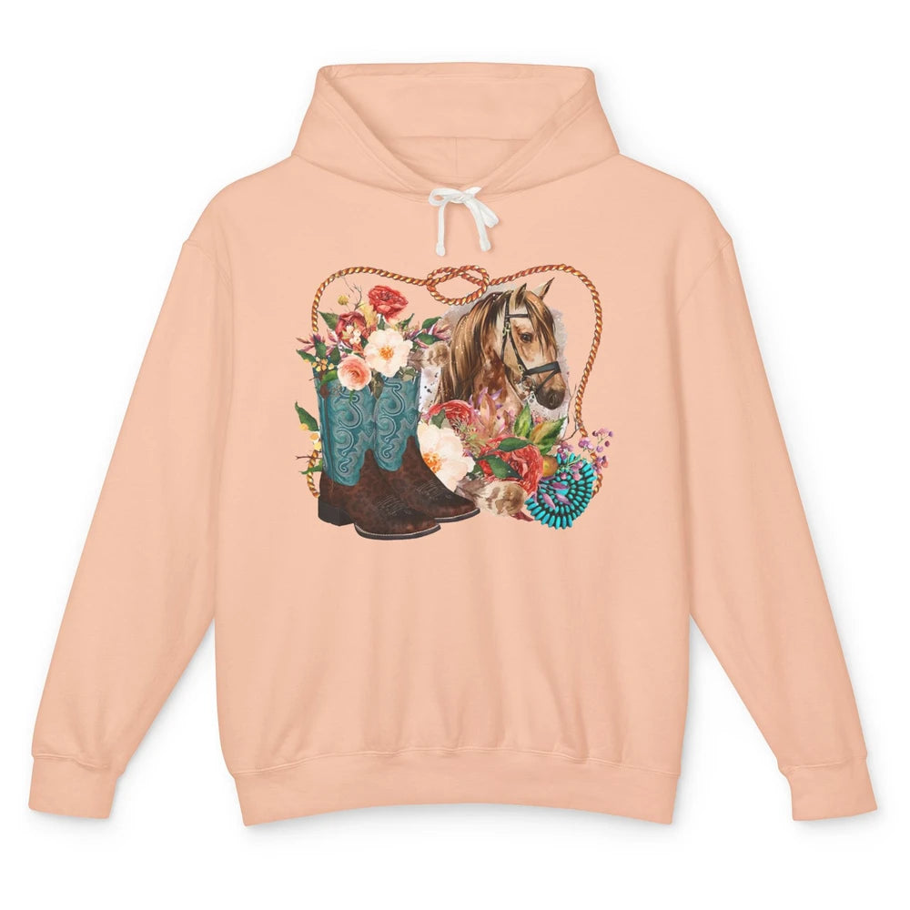 Retro Floral Cowboy Boots And Horse Western Country Cowgirl Unisex Lightweight Hoodie