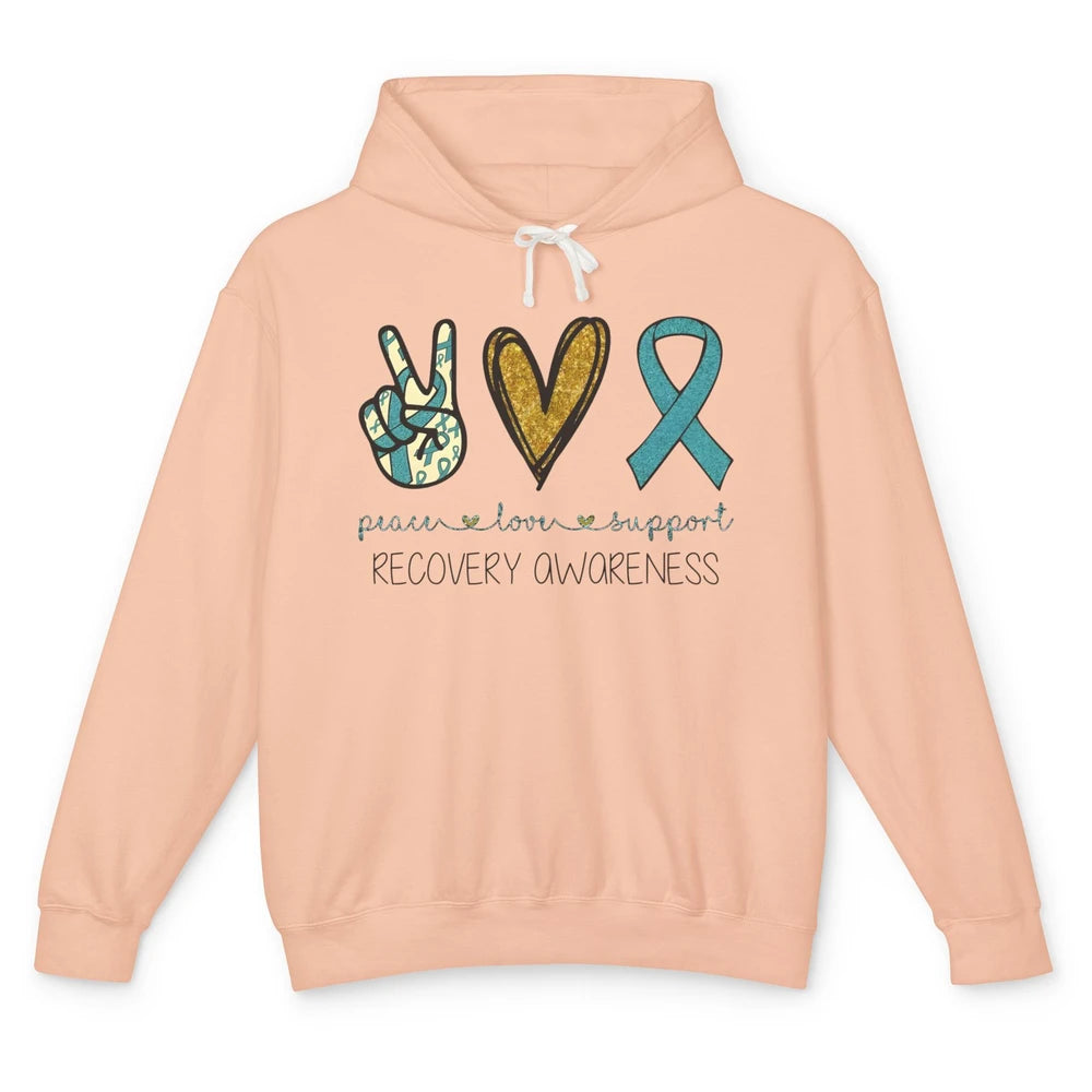 Peace Love Support Addiction Recovery Awareness Blue Ribbon Unisex Lightweight Hoodie