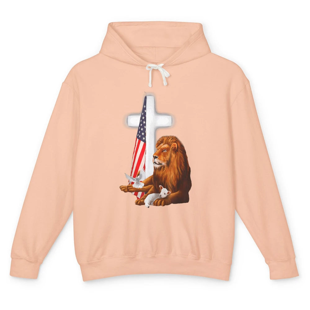 Patriotic Christian Lamb Bible Verse Lion Cross Religious Unisex Lightweight Hoodie
