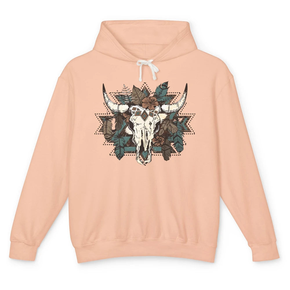 Retro Boho Bull Skull Aztec Desert Cactus Western Country Unisex Lightweight Hoodie