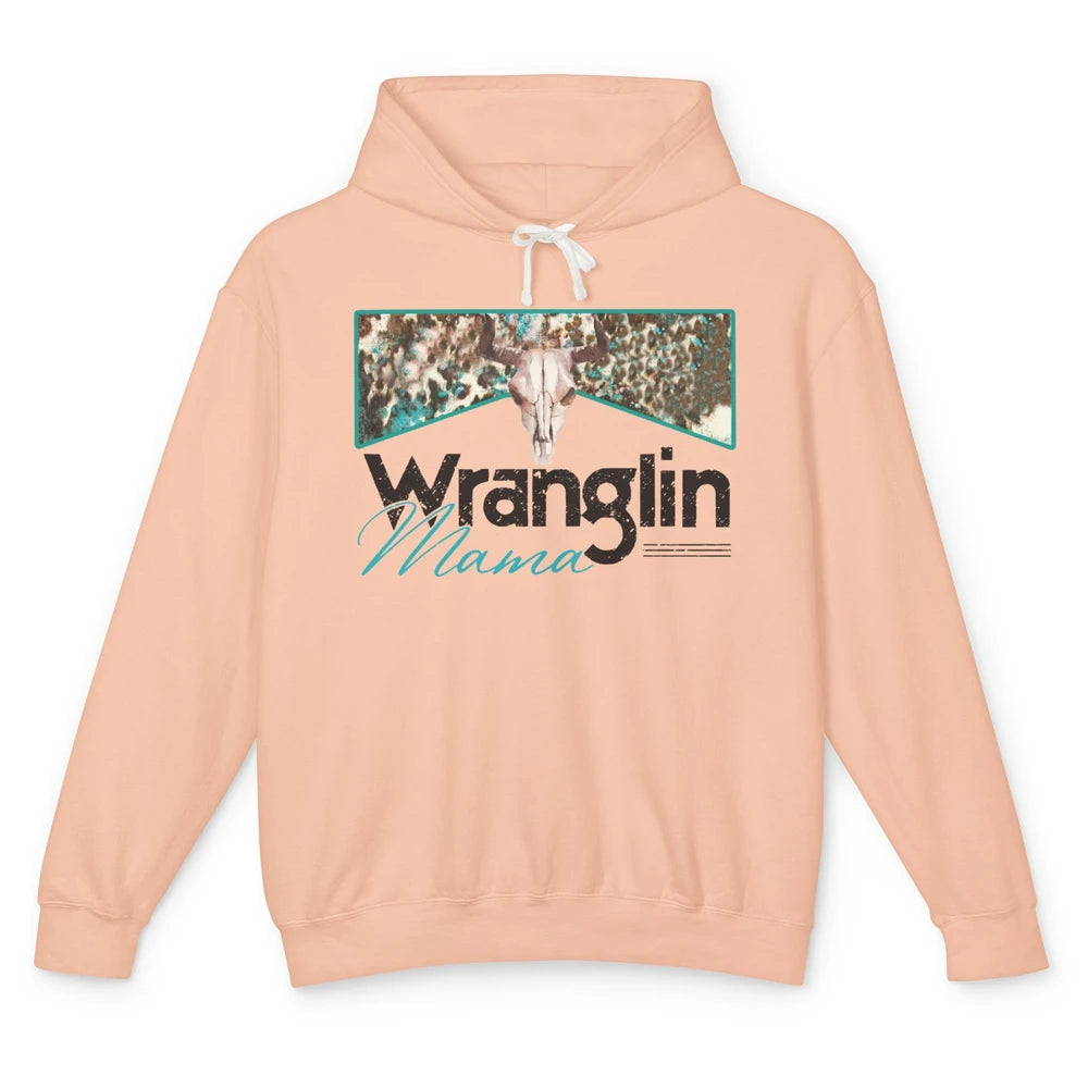 Retro Cowhide Bull Skull Wrangling Mama Western Country Girl Unisex Lightweight Hoodie