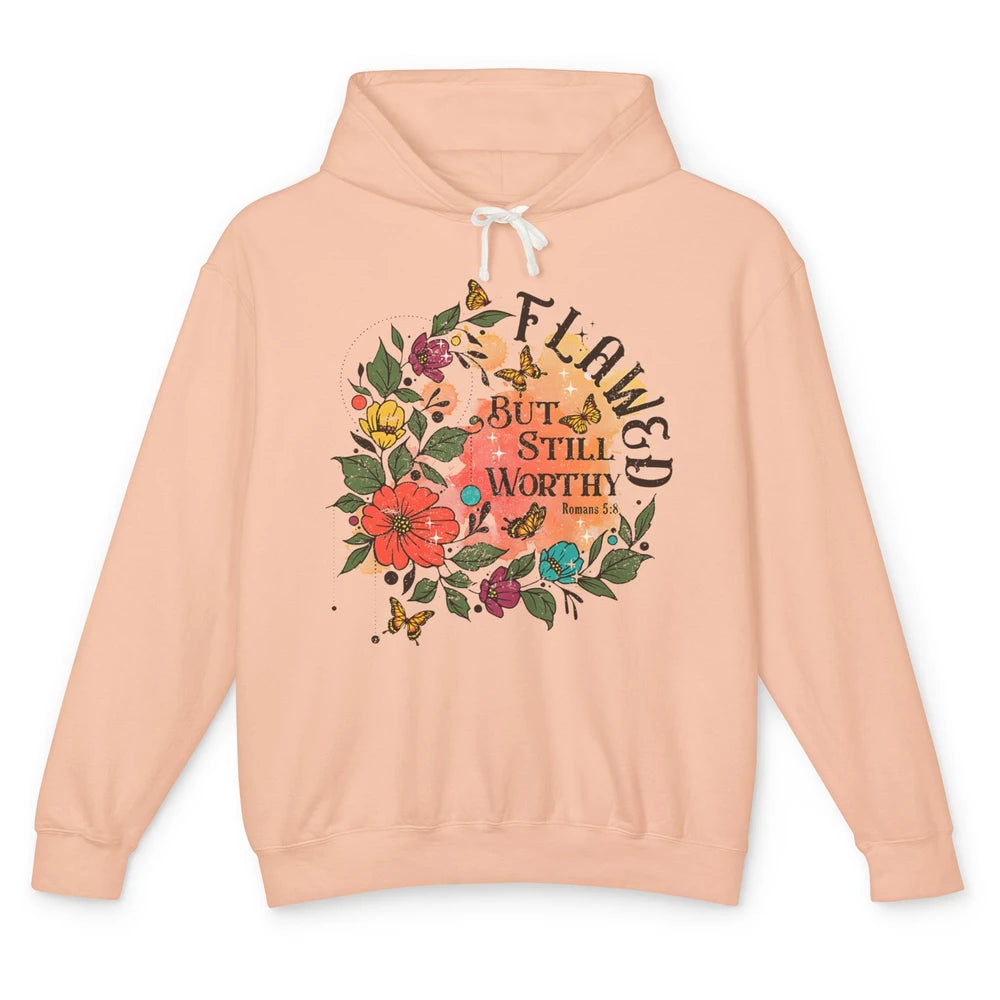 Retro Floral Flawed But Still Worthy Bible Verse Christian Unisex Lightweight Hoodie