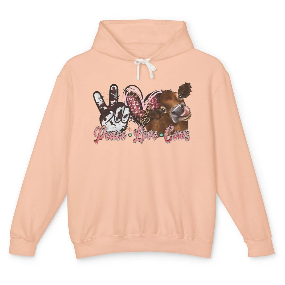 Peace Love Cows Farm Animals Western Cowhide Cow Lovers Gift Unisex Lightweight Hoodie