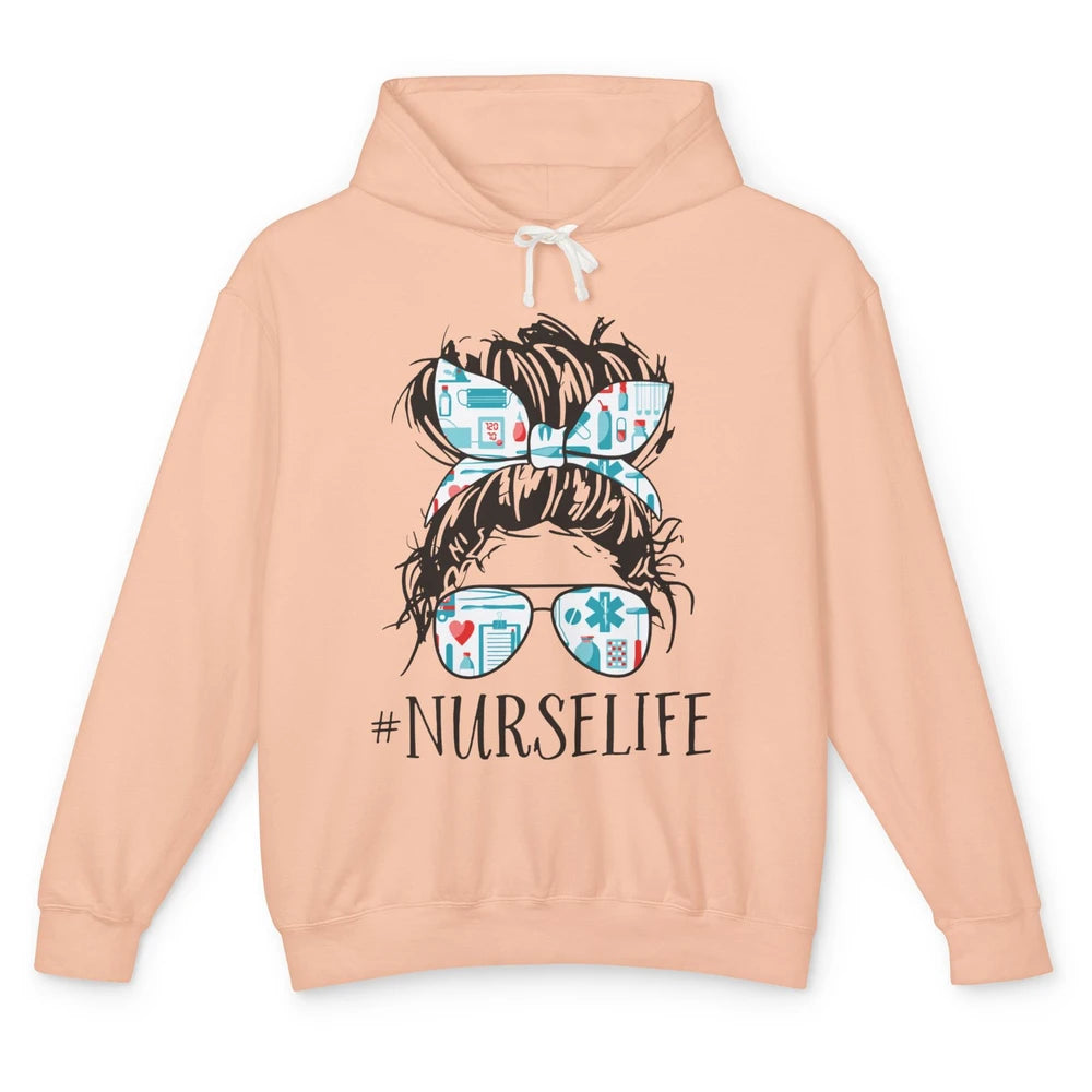 Nurse Life Messy Hair Bun Registered Nursing Student Gift Unisex Lightweight Hoodie