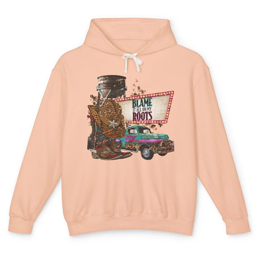 Retro Leopard Cowboy Boots Hat Blame It On My Roots Western Unisex Lightweight Hoodie