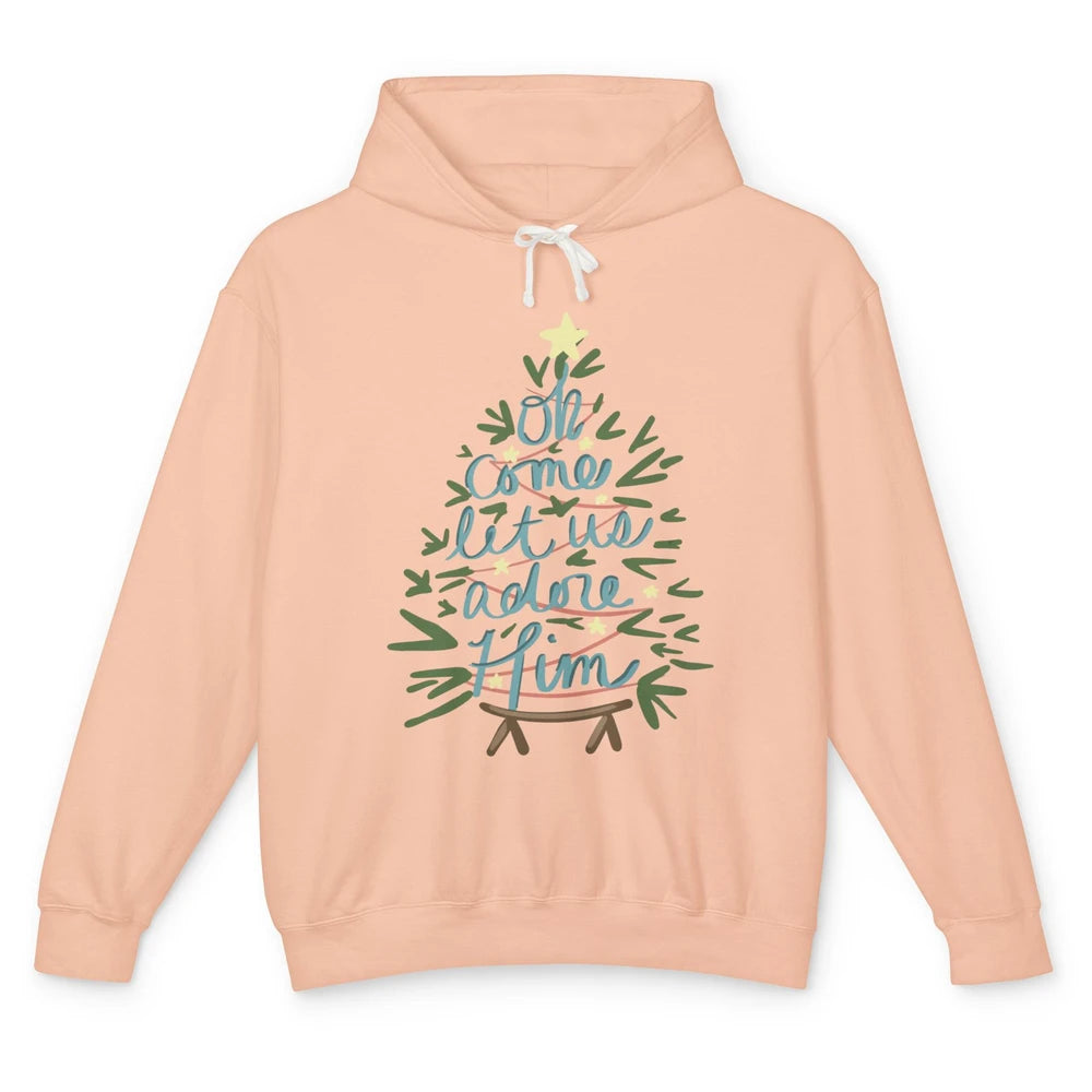 Oh Come Let Us Adore Him Groovy Christmas Tree Church Xmas Unisex Lightweight Hoodie