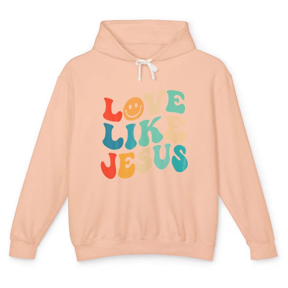 Retro Groovy Love Like Jesus Smiling Face Christ Faith God Unisex Lightweight Hoodie