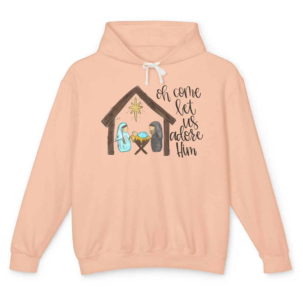 Retro Christmas Church Oh Come Let Us Adore Him Hand Drawing Unisex Lightweight Hoodie