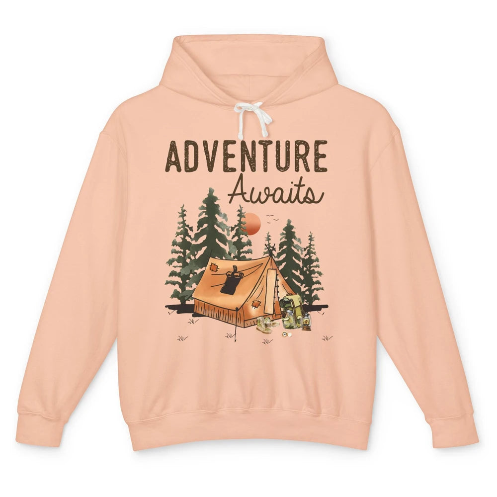 Retro Camping Tent Mountain Sunset Adventure Awaits Campers Unisex Lightweight Hoodie