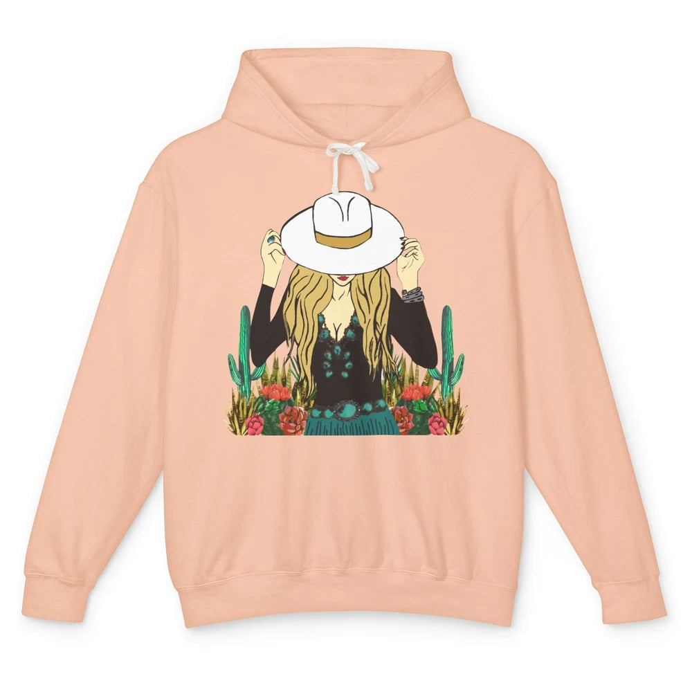 Retro Blonde Cowgirl Punchy Cowhide Turquoise Western Cowboy Unisex Lightweight Hoodie