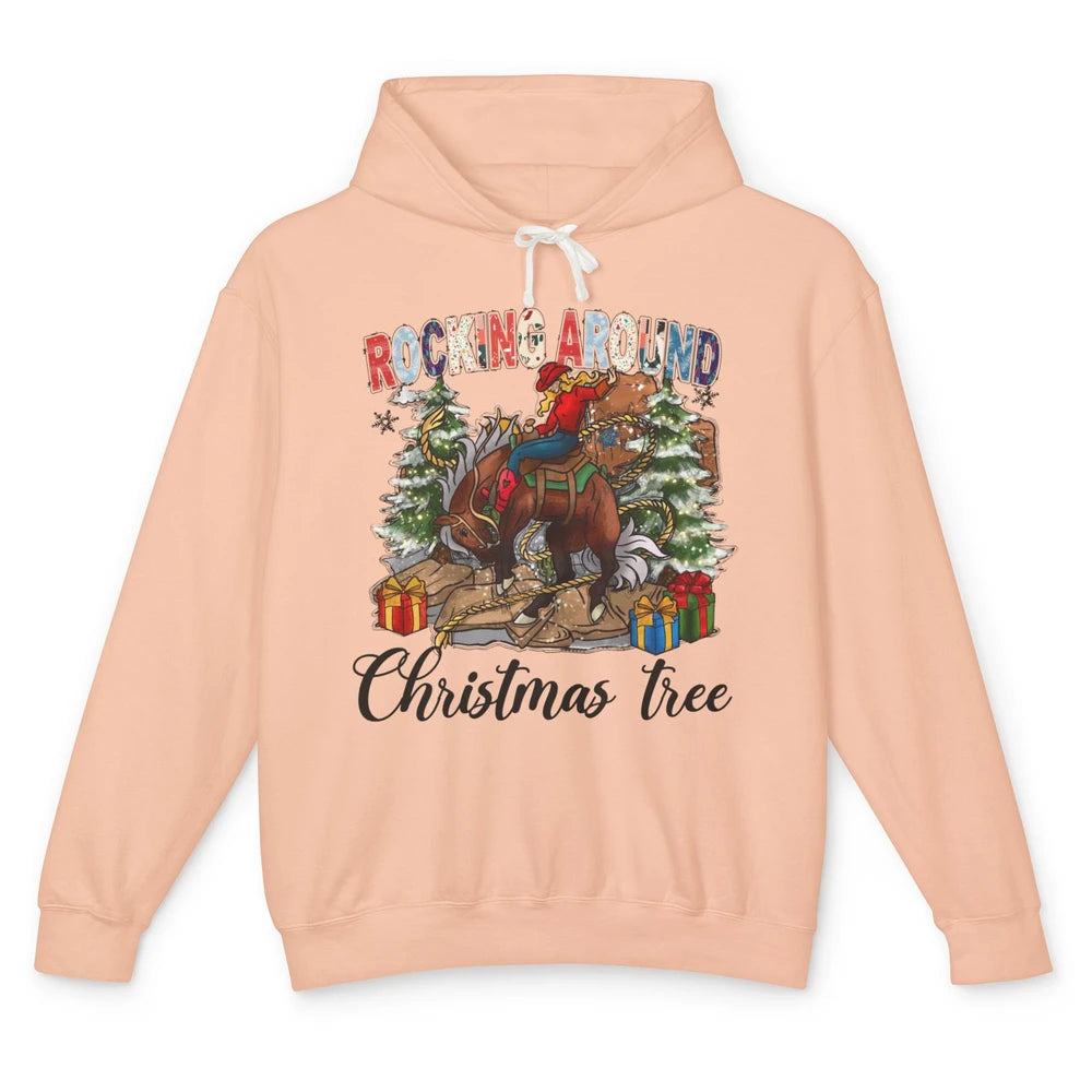 Funny Cowgirl Horsing Rocking Around Christmas Tree Western Unisex Lightweight Hoodie