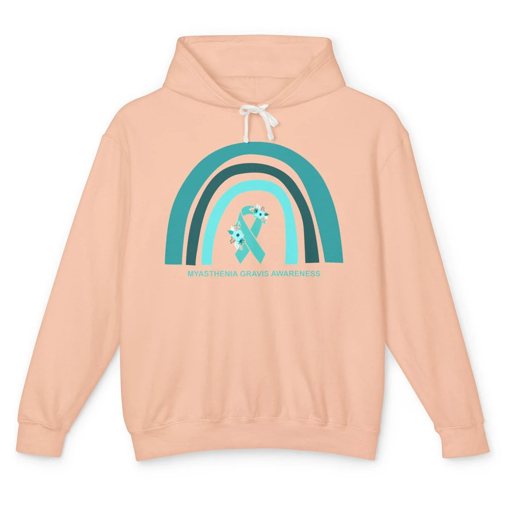 Myasthenia Gravis Awareness Floral Teal Ribbon Rainbow Unisex Lightweight Hoodie