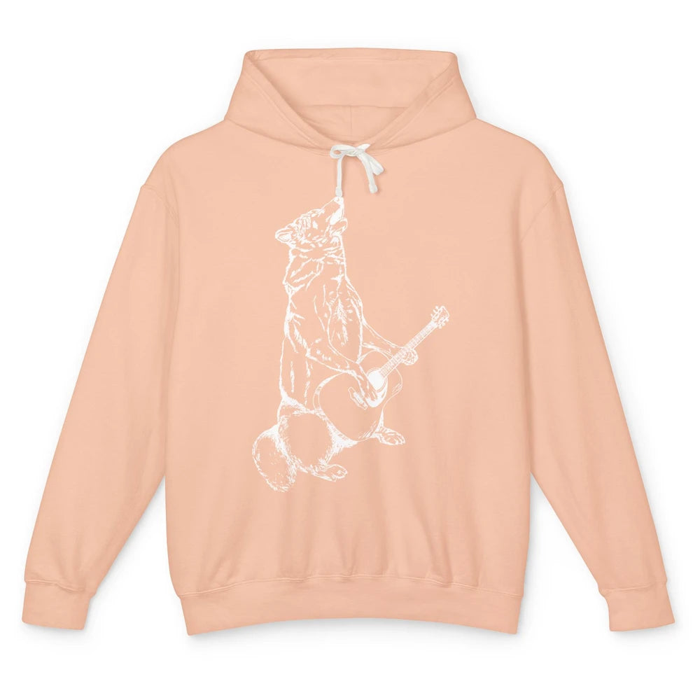 Retro Howling Wolf Playing Guitar Musician Guitarist Music Unisex Lightweight Hoodie