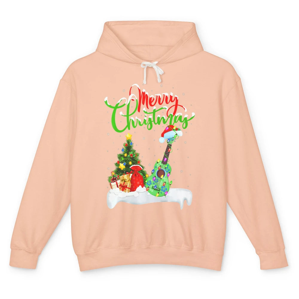 Merry Christmas Funny Ukulele Xmas Lights Santa Hat Music Unisex Lightweight Hoodie