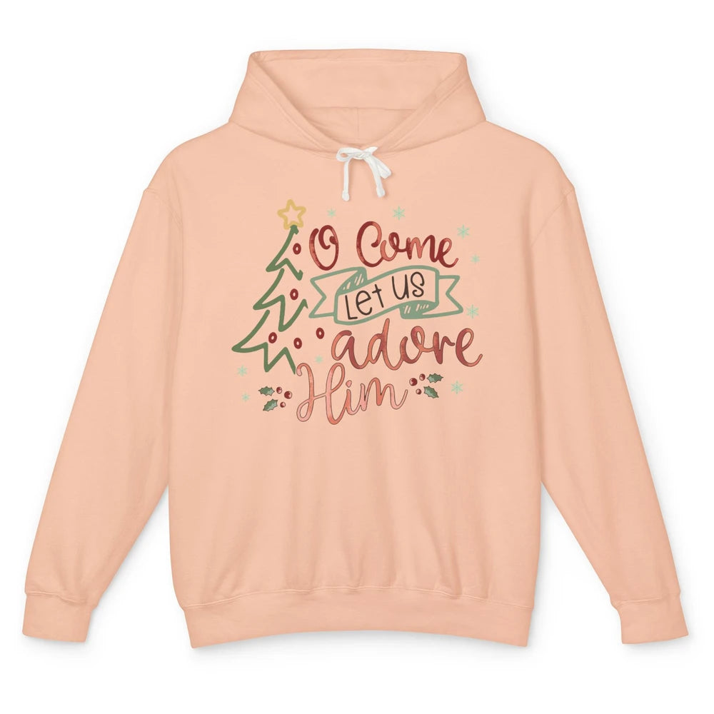 Retro Christmas Tree O Come Let Us Adore Him Christian Jesus Unisex Lightweight Hoodie