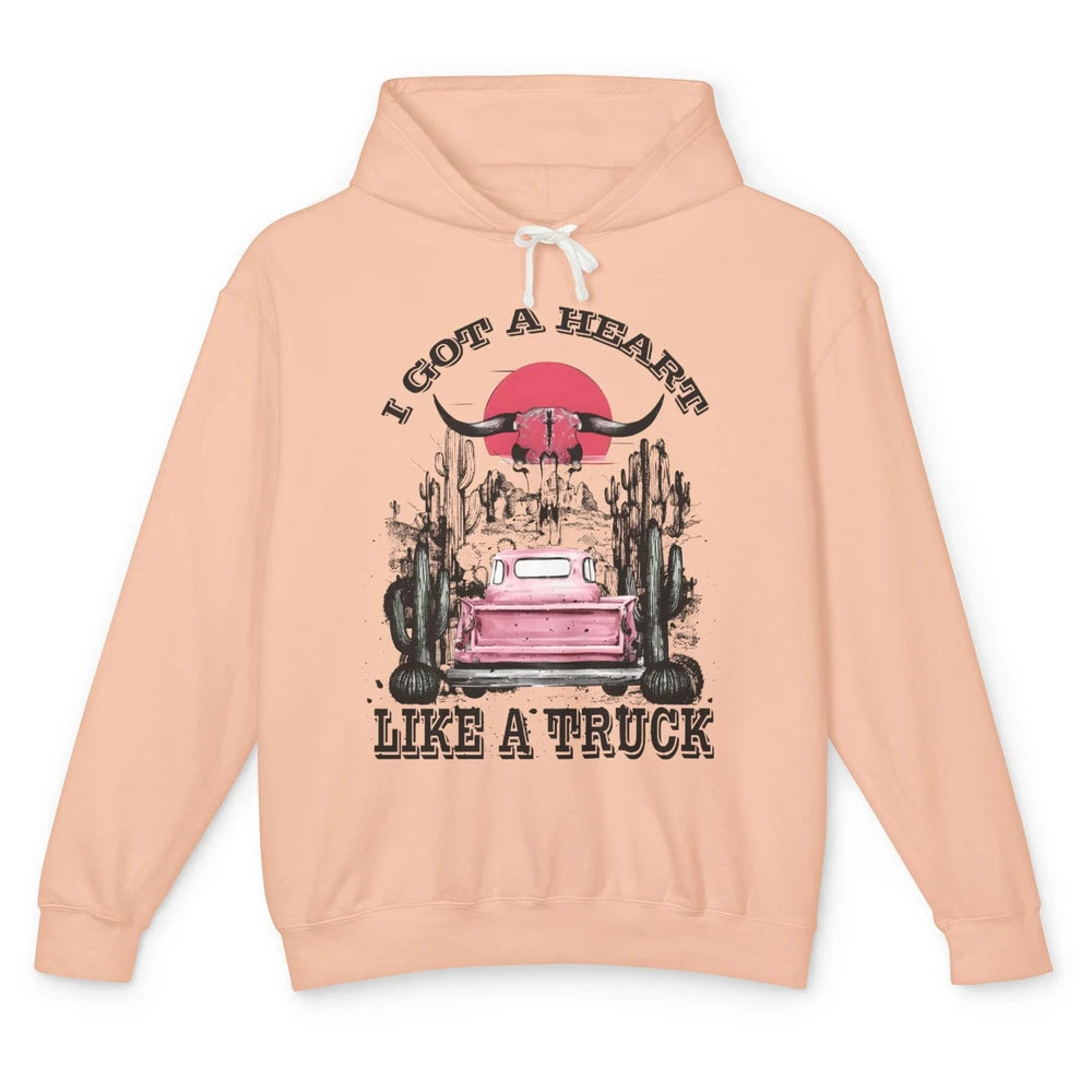 Retro Boho Bull Skull Got Heart Like A Truck Western Country Unisex Lightweight Hoodie