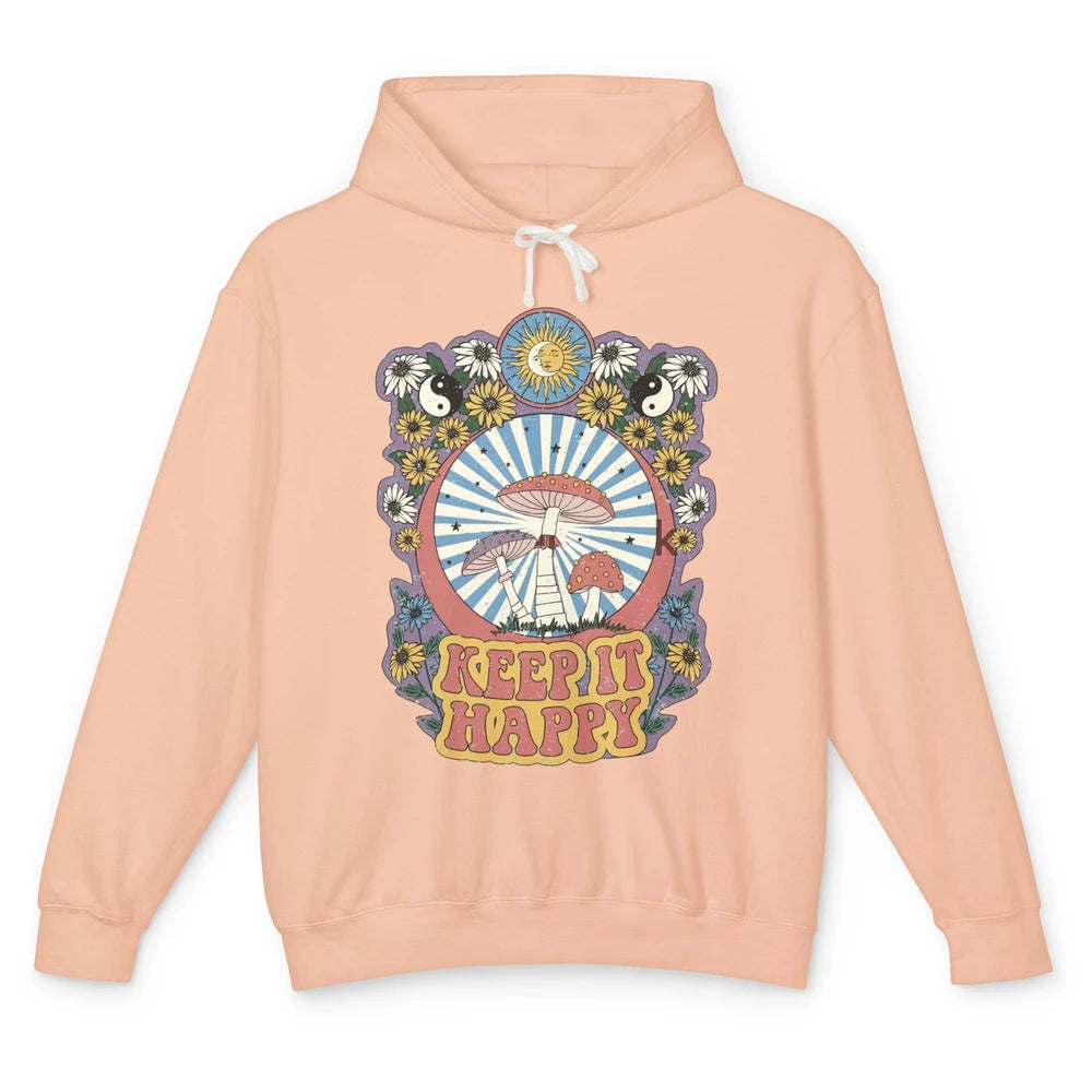 Retro Groovy Keep It Happy Mushroom Daisy Sun Positive Mind Unisex Lightweight Hoodie