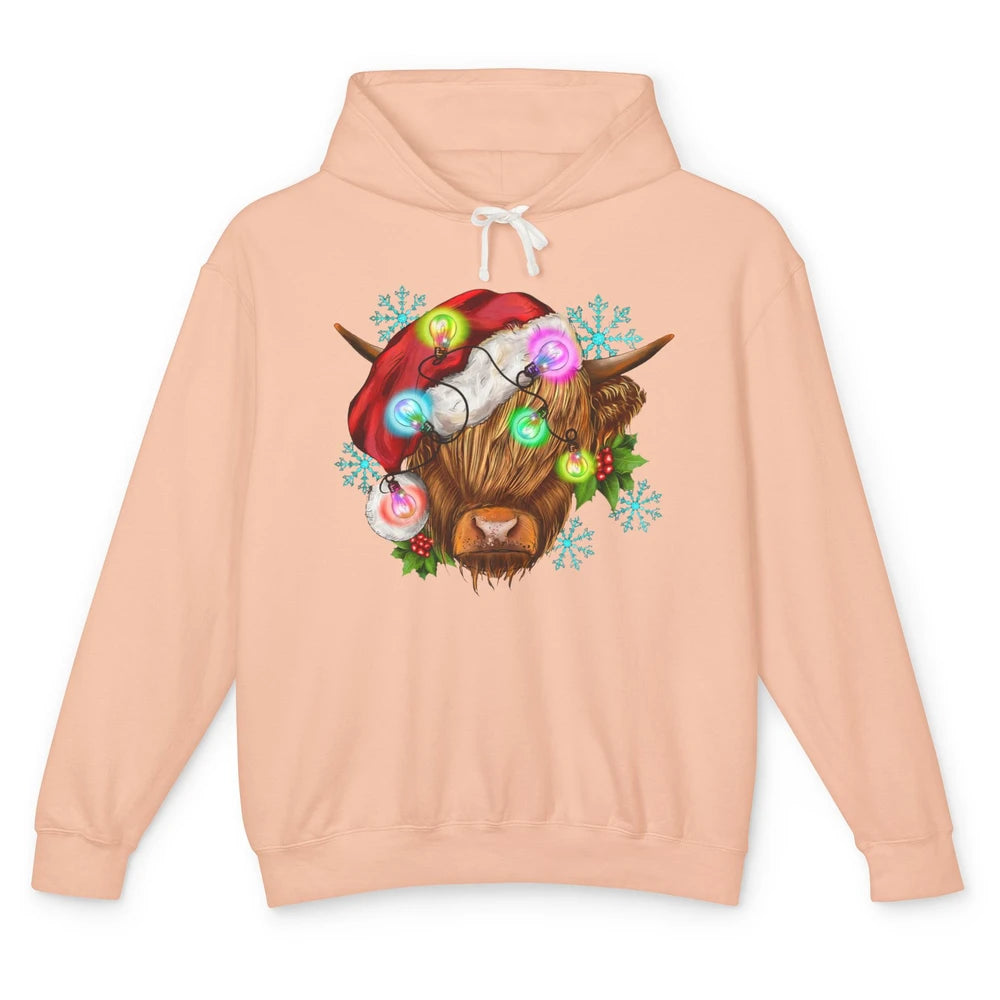 Christmas Highland Cow Xmas Light Western Christmas Cow Unisex Lightweight Hoodie