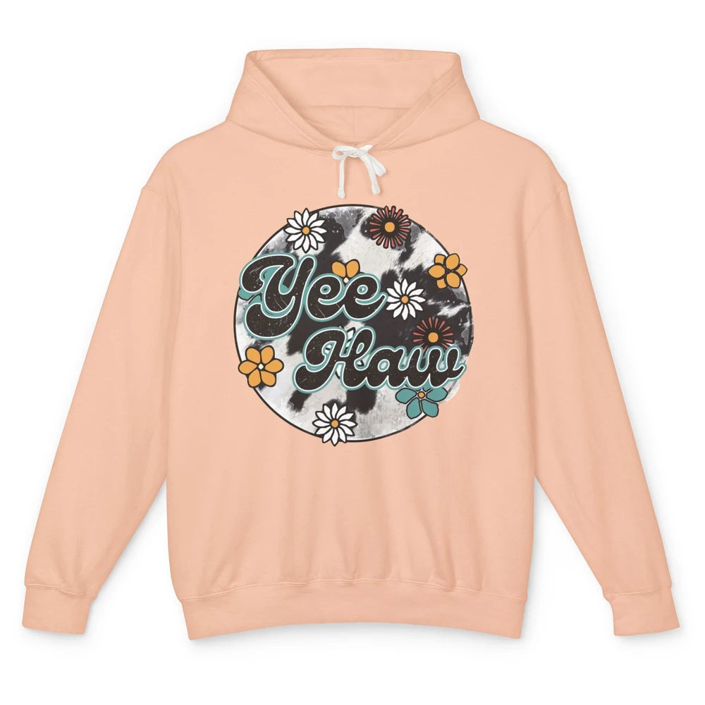 Retro Groovy Daisy Yee Haw Cowhide Western Country Cowgirl Unisex Lightweight Hoodie
