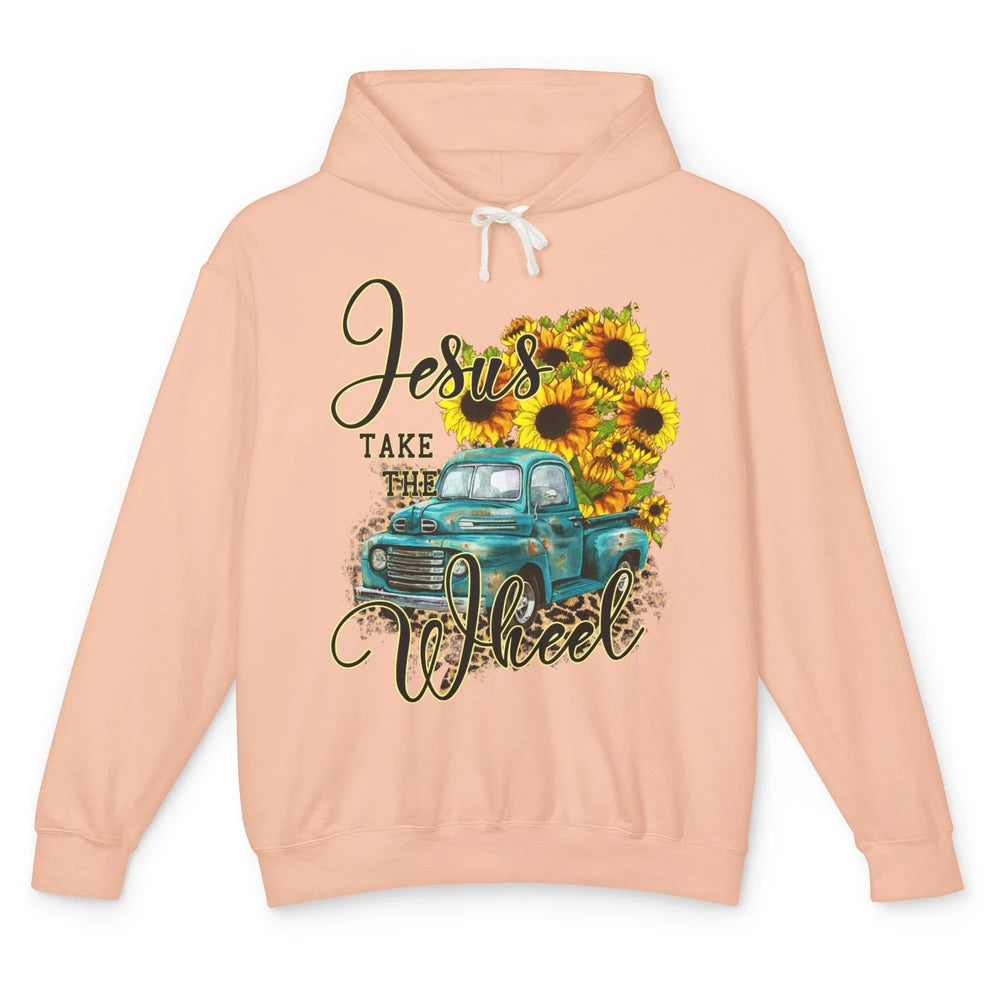 Sunflower Jesus Take The Wheel Christian Gift Leopard Print Unisex Lightweight Hoodie