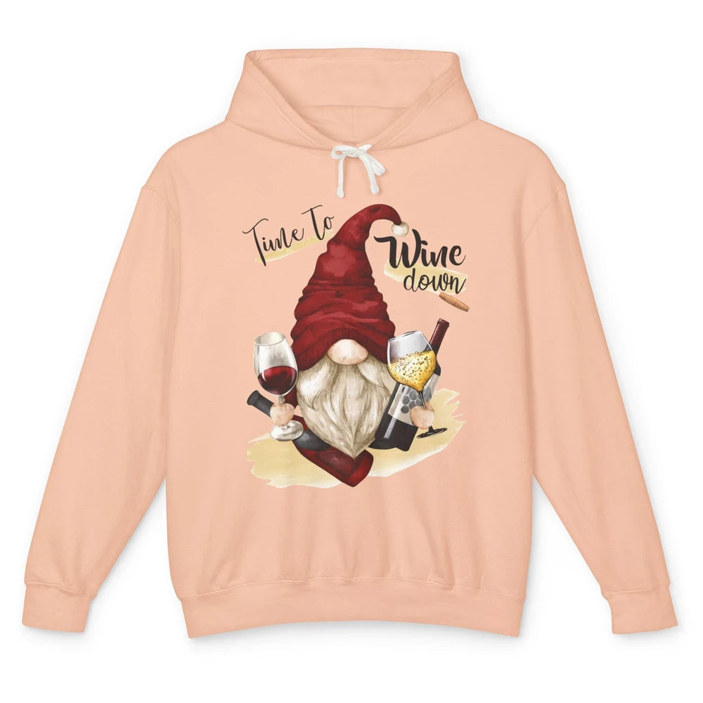 Christmas Gnome Wine It's Time to Wine Down Winter Holiday Unisex Lightweight Hoodie