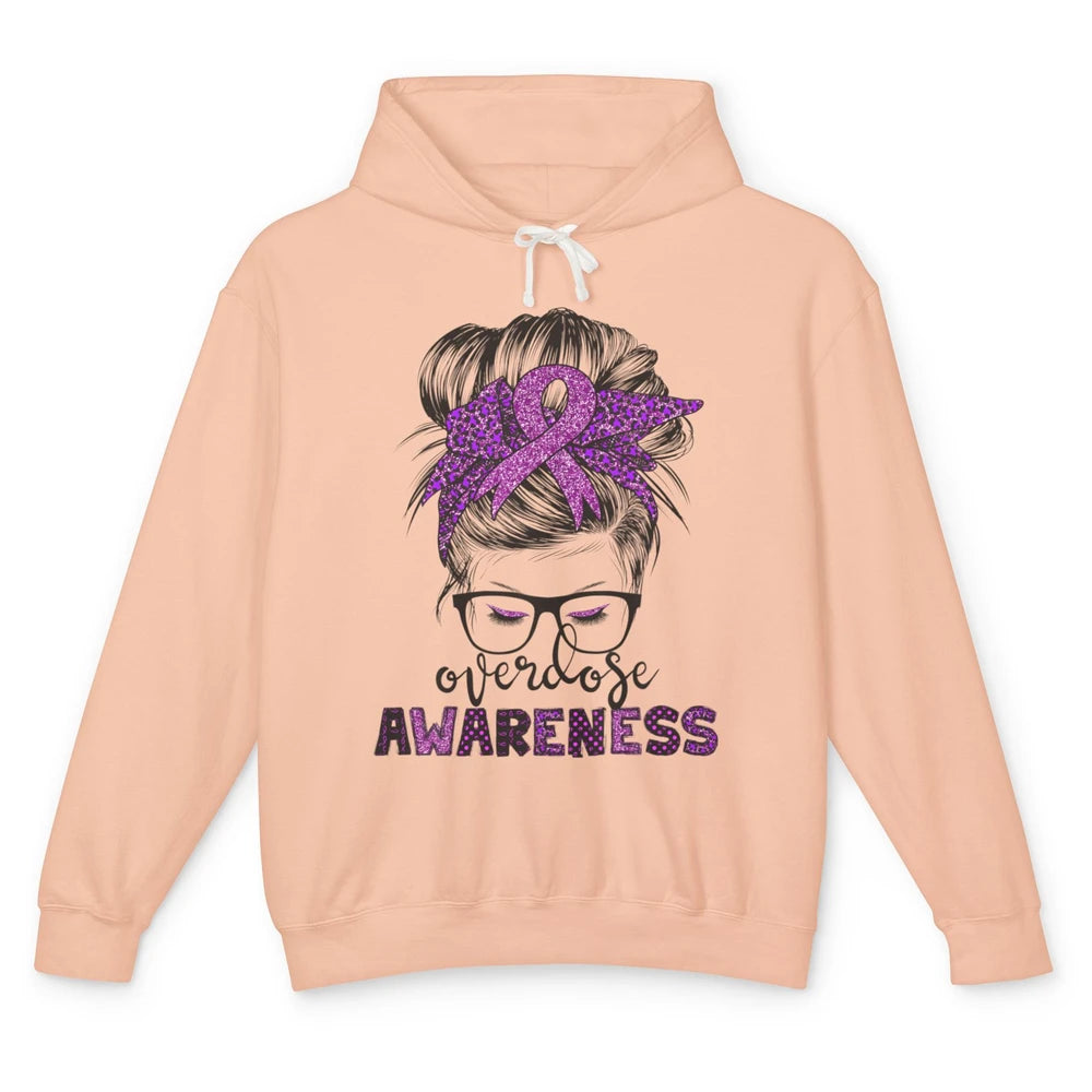 Overdose Awareness Messy Hair Bun Purple Leopard Warrior Unisex Lightweight Hoodie