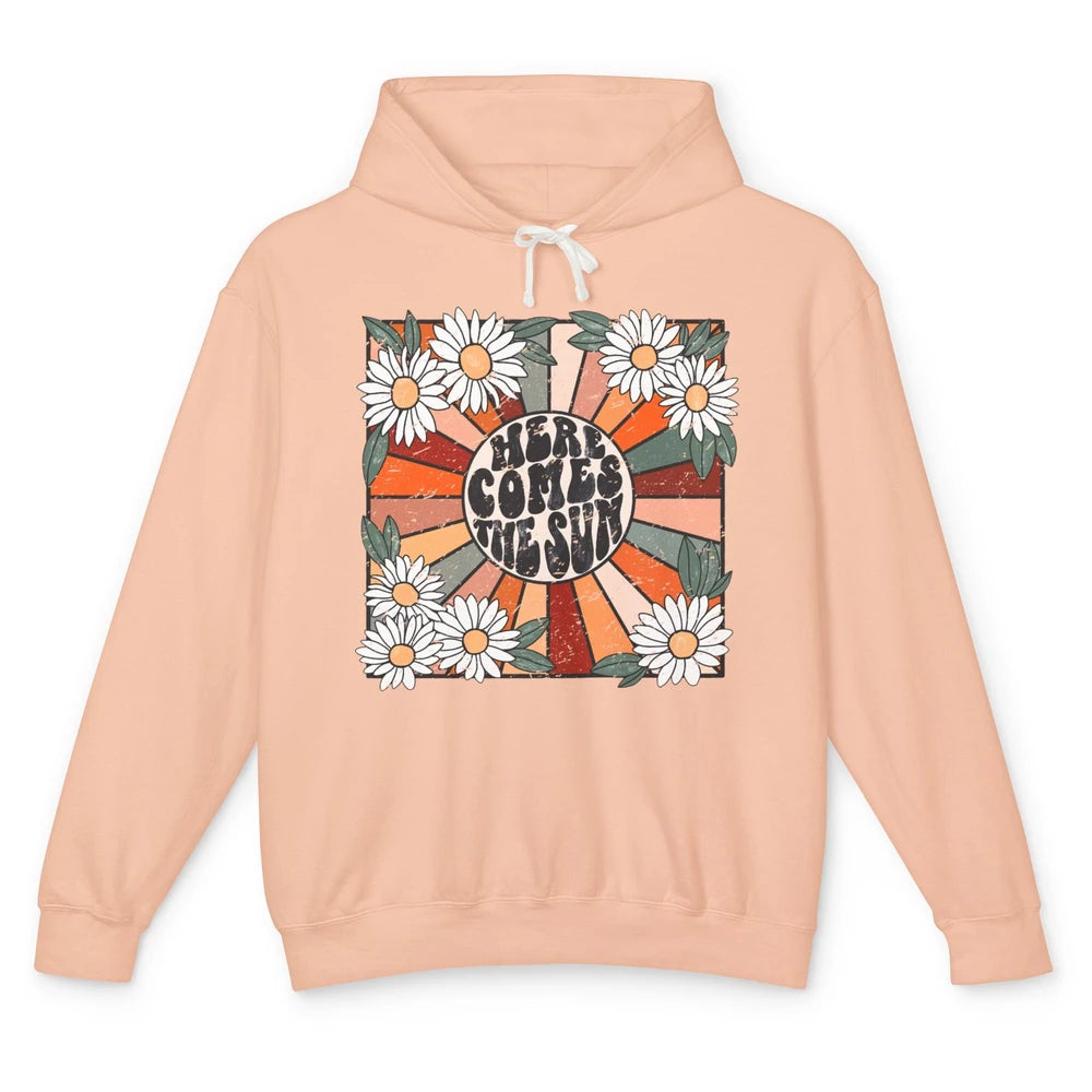 Retro Daisy Rainbow Sunrise Here Comes The Sun Hippie Girl Unisex Lightweight Hoodie
