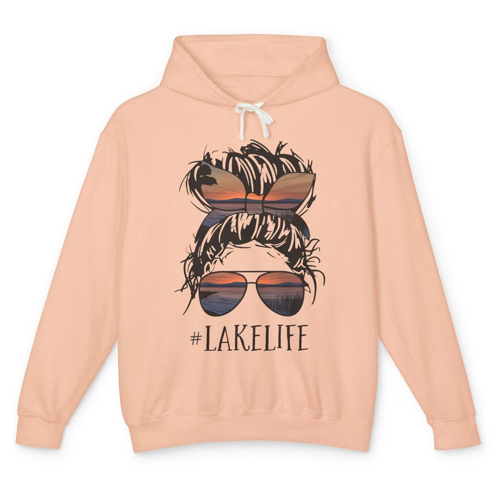 Lake Life Messy Bun Hair Girl Women Retro Lake Summer Gift Unisex Lightweight Hoodie
