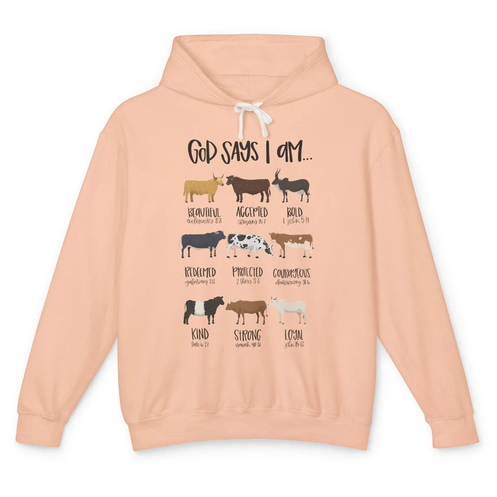 Retro Country Cows God Says I Am Bible Christian Western Unisex Lightweight Hoodie