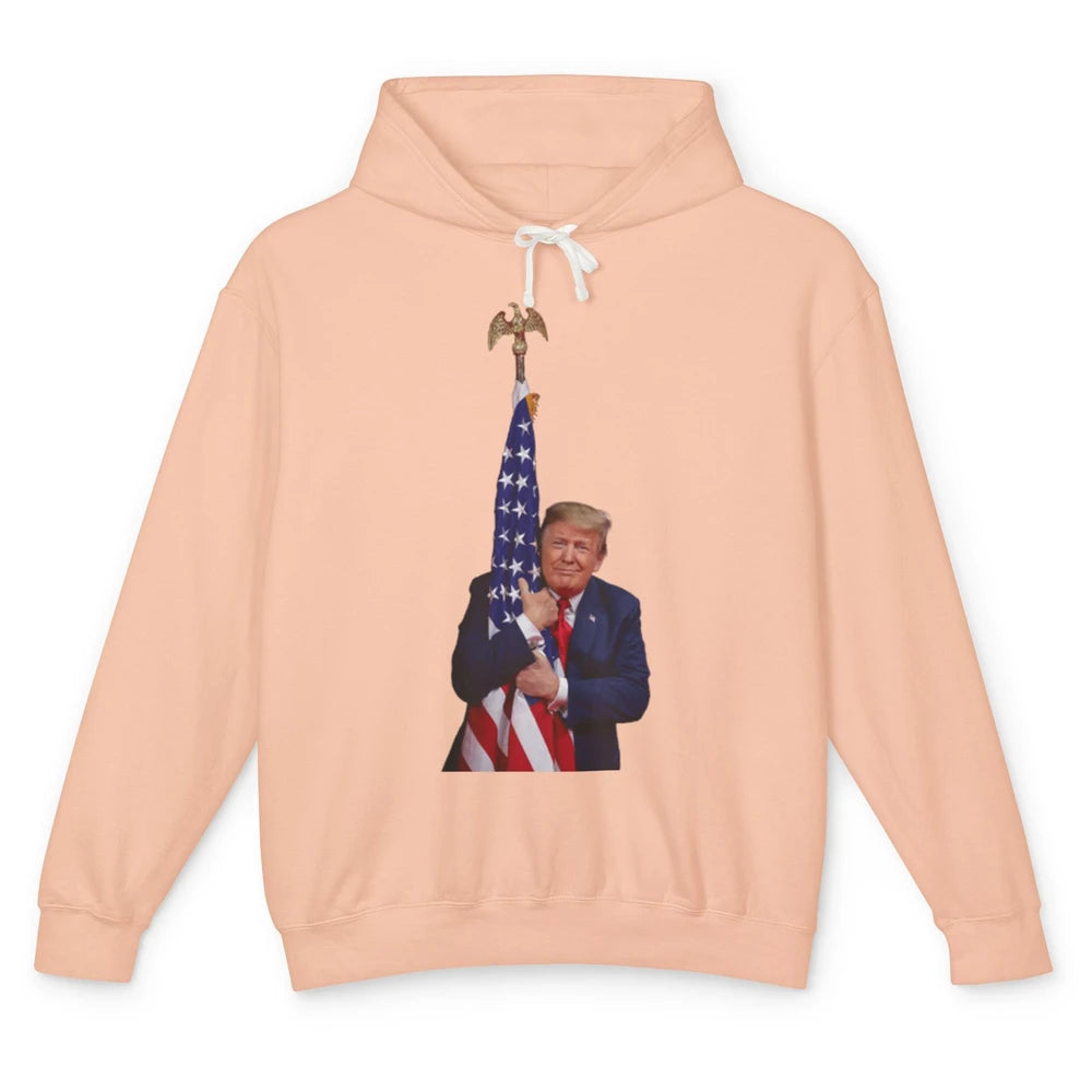 Donald Trump Hugging American Flag Vote Election Republic Unisex Lightweight Hoodie