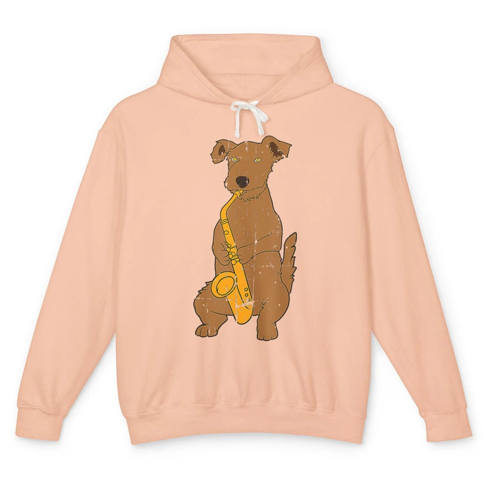 Funny Dog Vintage Jazz Puppy Musician Musical Note Saxophone Unisex Lightweight Hoodie