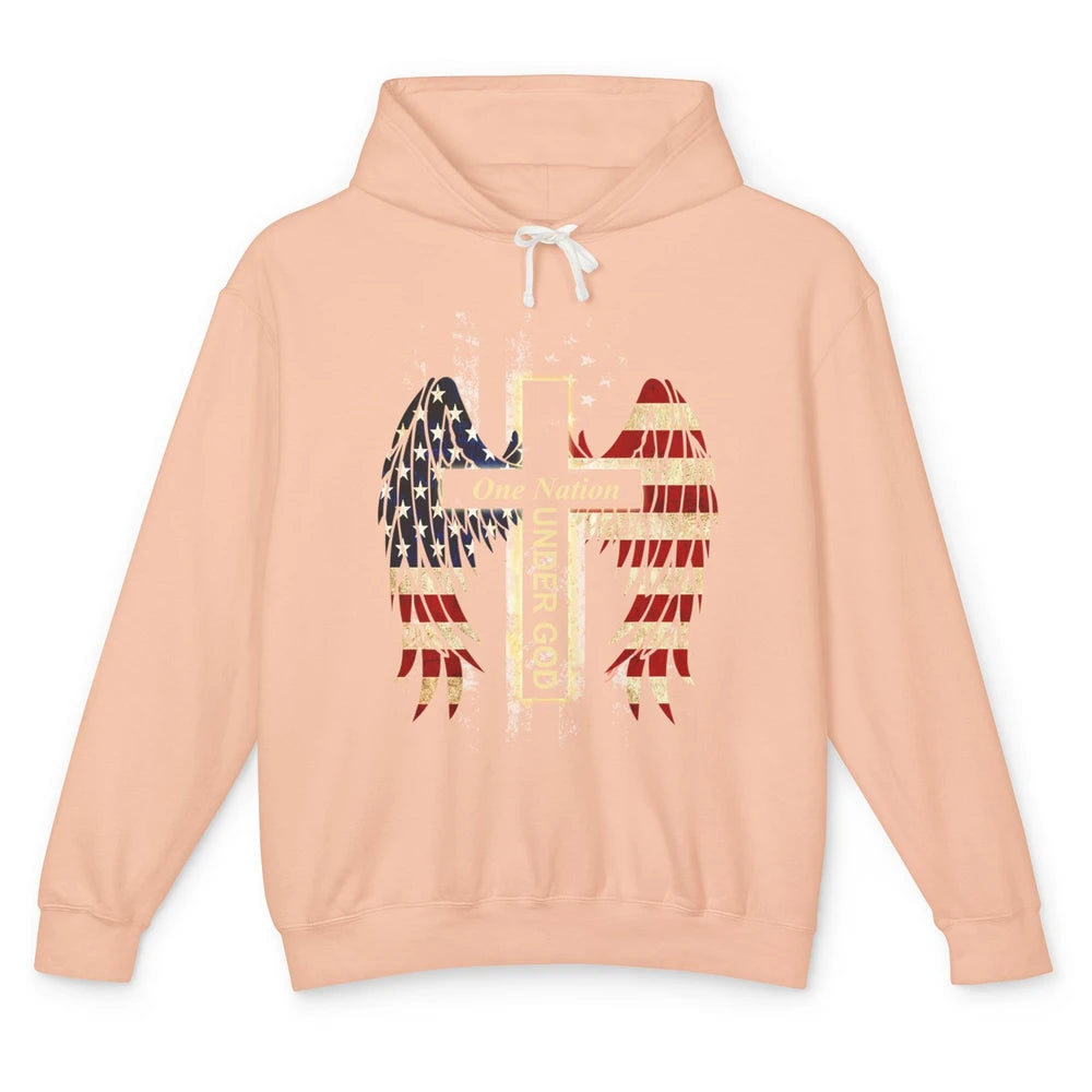 Patriotic One Nation Under God American Flag Faith Cross Unisex Lightweight Hoodie