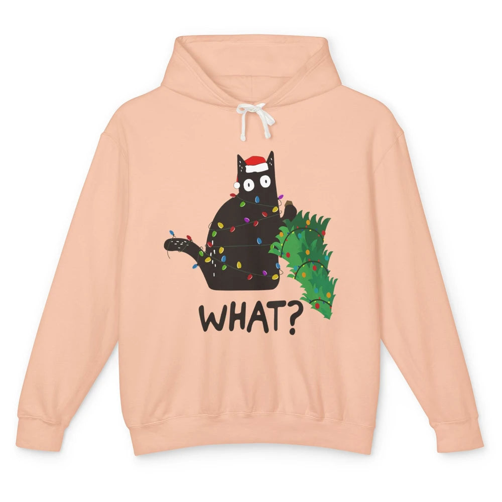 Black Cat Pushing Christmas Tree What Xmas Lights Santa Hat Unisex Lightweight Hoodie