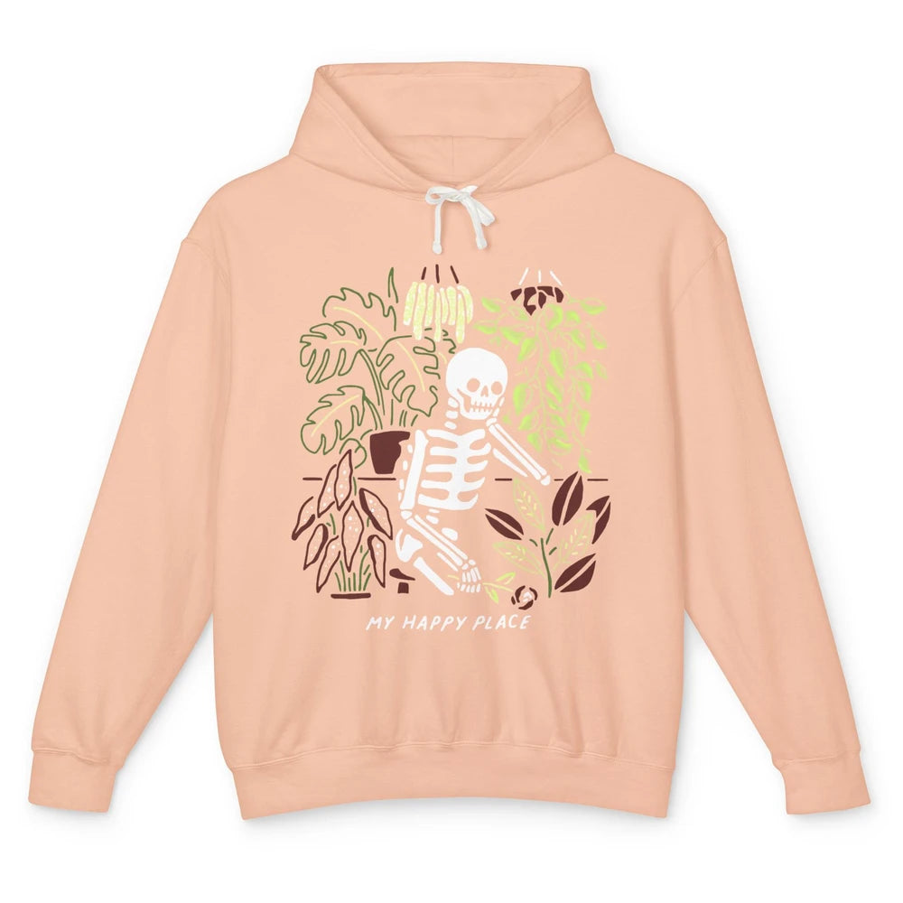 Retro Funny Skeleton Gardening My Happy Place Plant Lovers Unisex Lightweight Hoodie