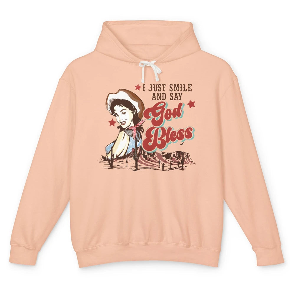 Retro Cowgirl Just Smile And Say God Bless Western Desert Unisex Lightweight Hoodie