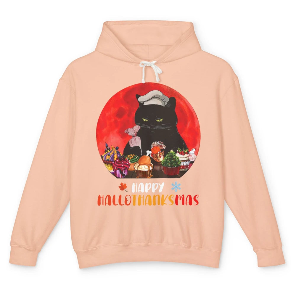 Black Cat Happy Hallothanksmas Baker Cat Halloween Christmas Unisex Lightweight Hoodie