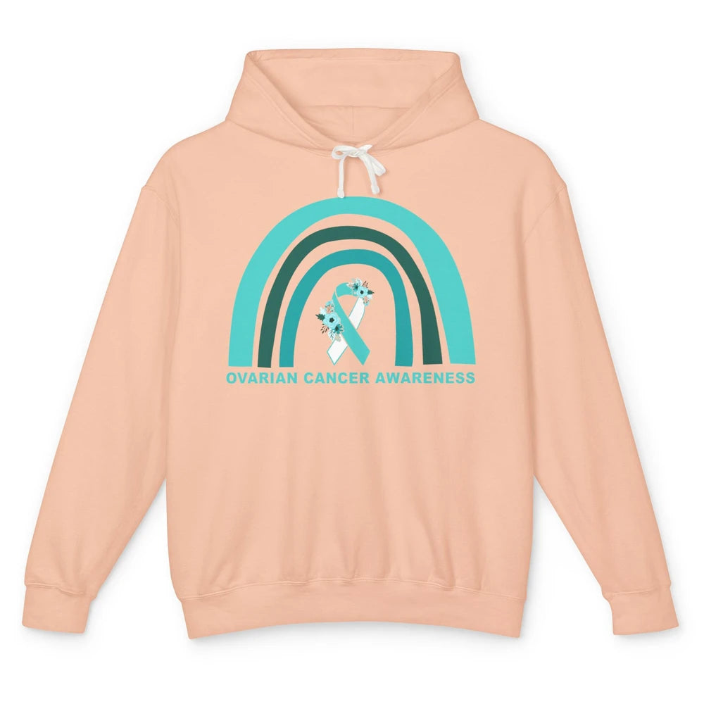 Ovarian Cancer Awareness Support Floral Turquoise Rainbow Unisex Lightweight Hoodie