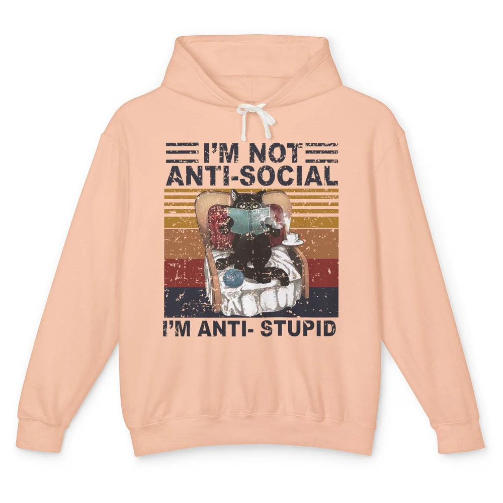 Retro Cat Reading I'm Not Anti-Social I'm Anti-Stupid Book Unisex Lightweight Hoodie